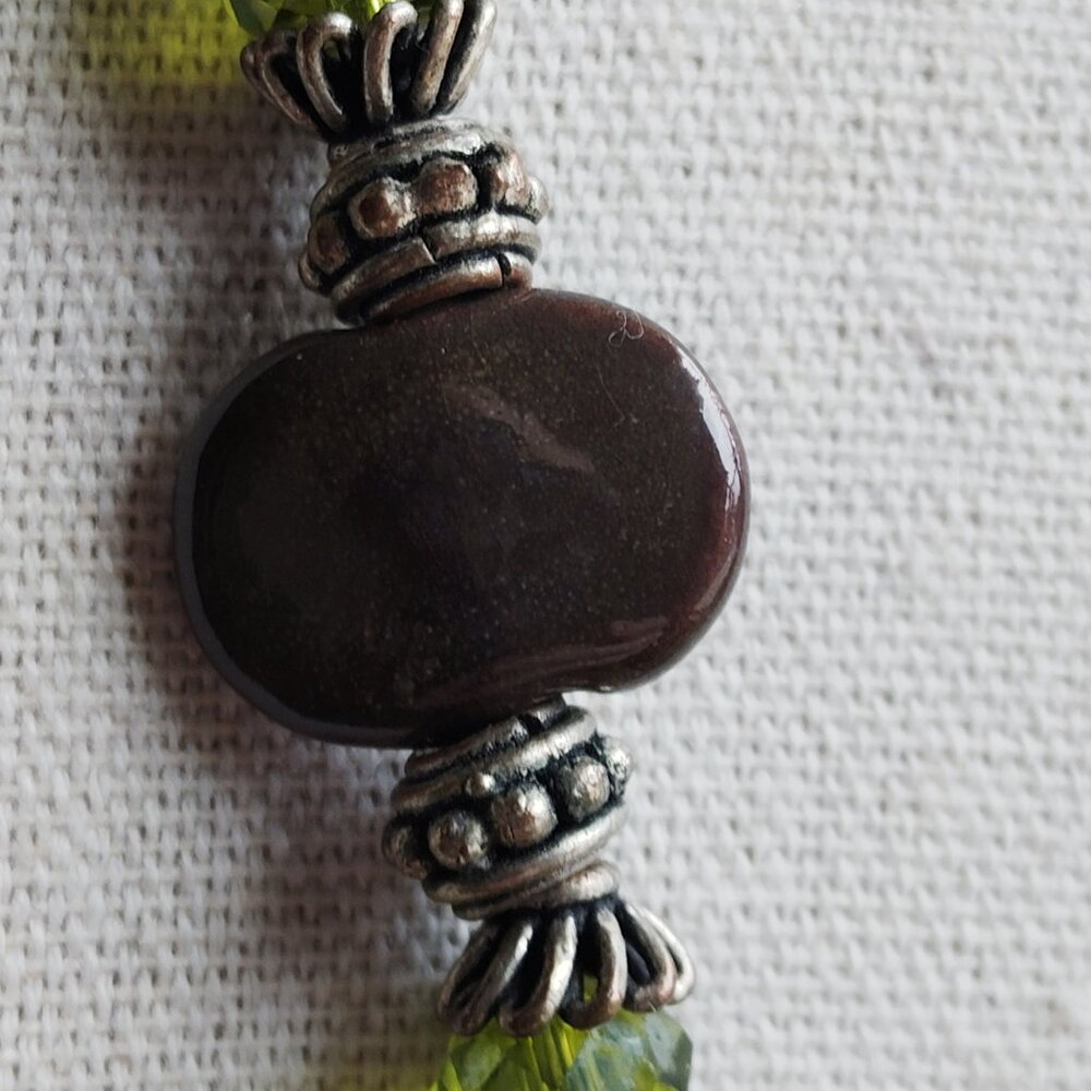 Artisan Beaded Necklace Green Faceted Stones, Glossy Brown Beads & Silver Accent - Picture 7 of 9